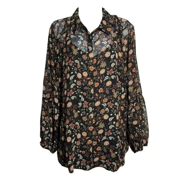 Soft Surroundings black floral chiffon blouse size XL Long sleeve button down - Picture 3 of 10